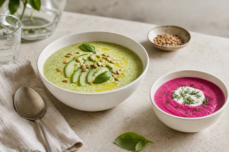 Variantes du gaspacho : un bol de gaspacho vert au concombre-avocat et un bol de gaspacho de betterave rose