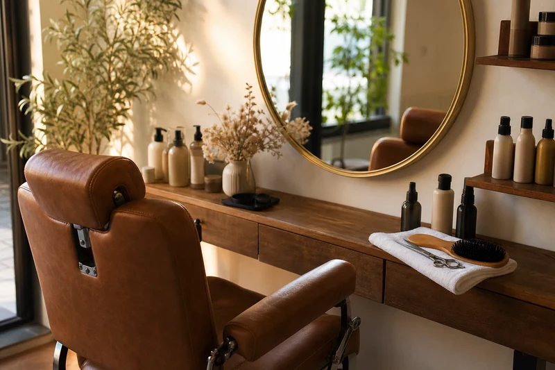 Intérieur cosy d'un salon de coiffure français avec outils du coiffeur