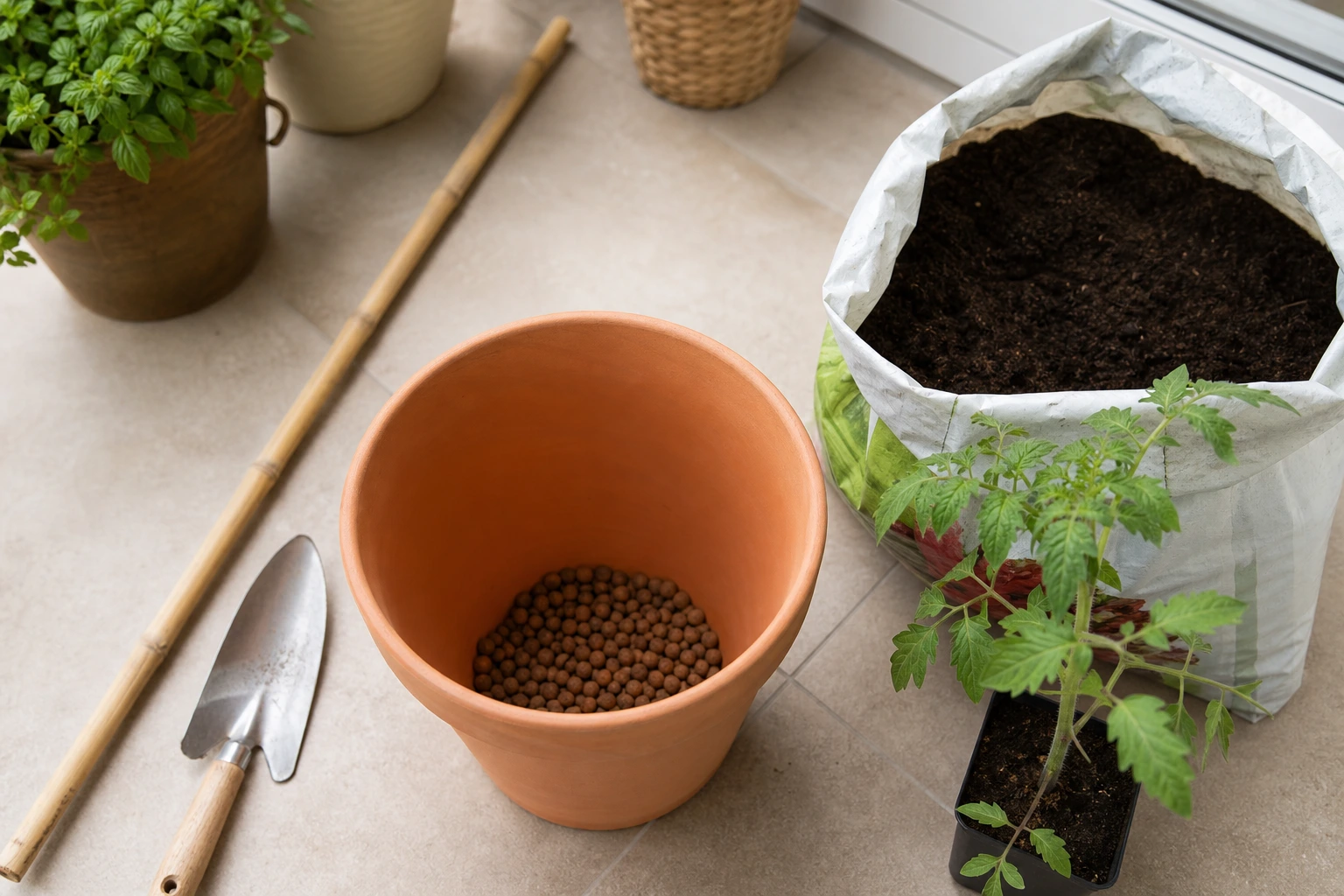 Préparation d'un pot avec billes d'argile et terreau pour repiquer une tomate cerise