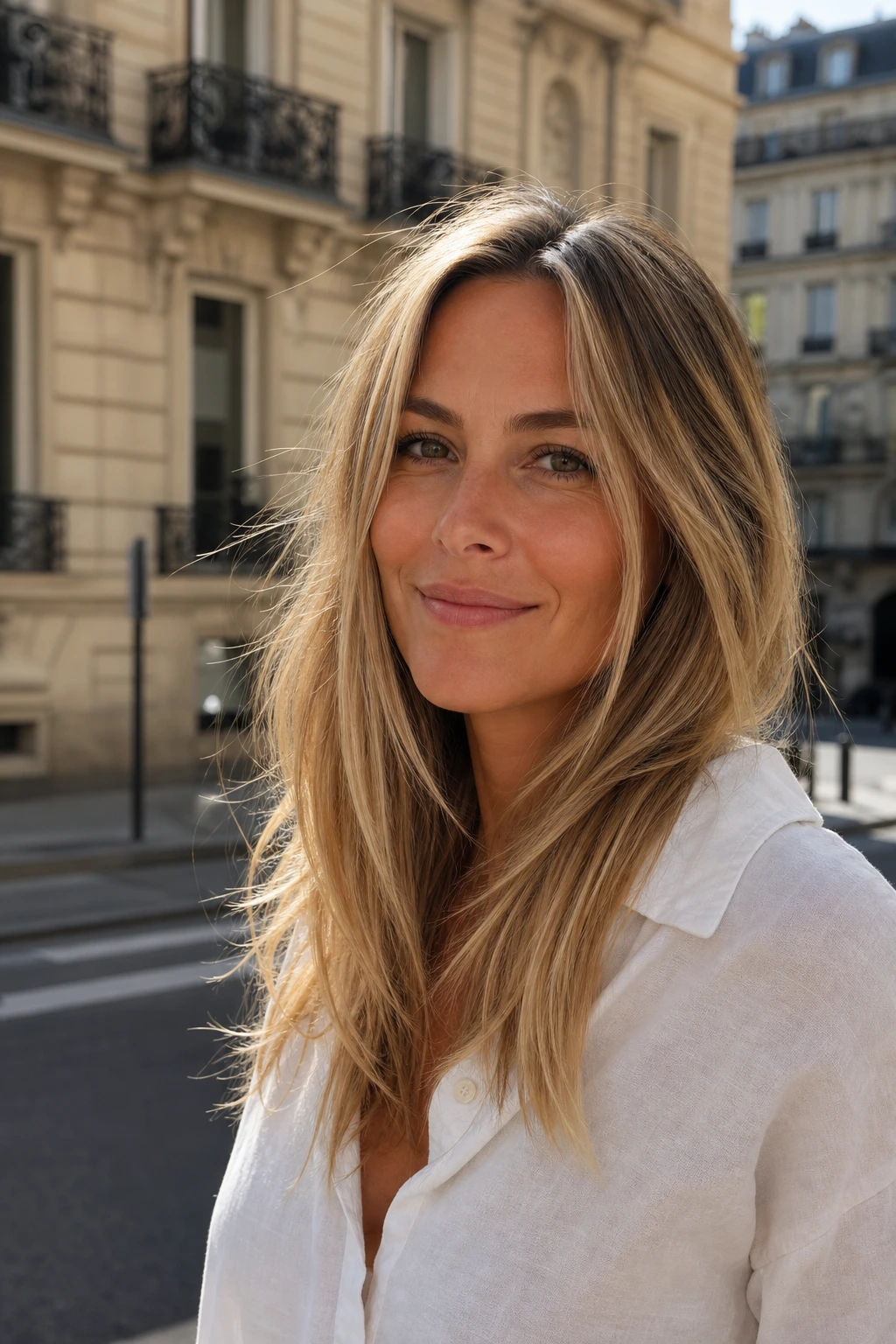Cheveux longs blond cendré sains et brillants à la rentrée après un été de protection
