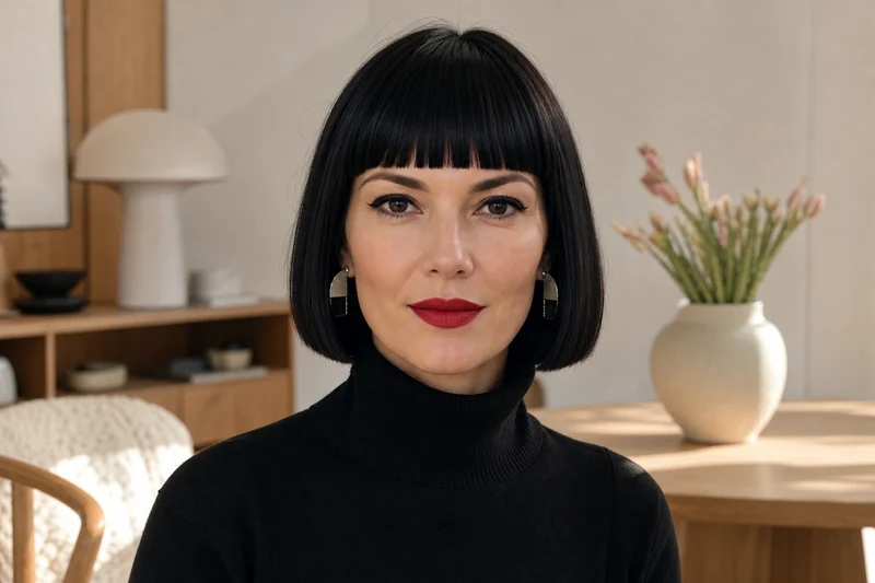 Japanese Bob noir avec frange droite épaisse, version la plus graphique de la coupe