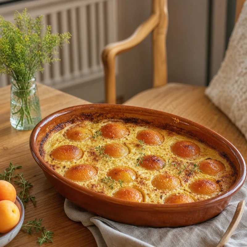 Variante de clafoutis aux abricots dans un plat en grès