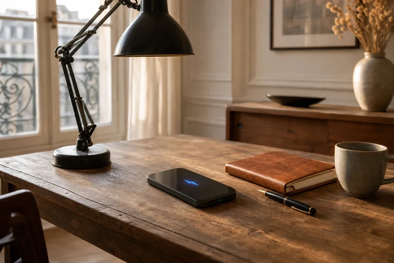 Résultat final : le smartphone se recharge sans fil sur le plateau du bureau vintage, totalement invisible