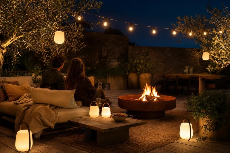 Terrasse aménagée le soir avec lampes nomades brasero allumé et canapé bas pour soirée d'été