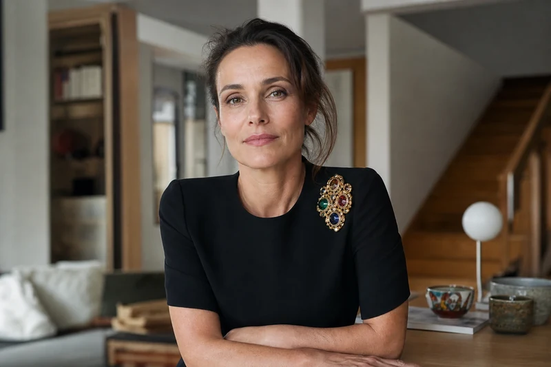 Robe noire simple ornée d'une broche XXL dorée à cabochons sur l'épaule