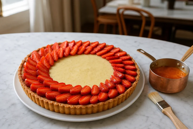 Dressage des fraises Gariguette en spirale sur la crème pâtissière