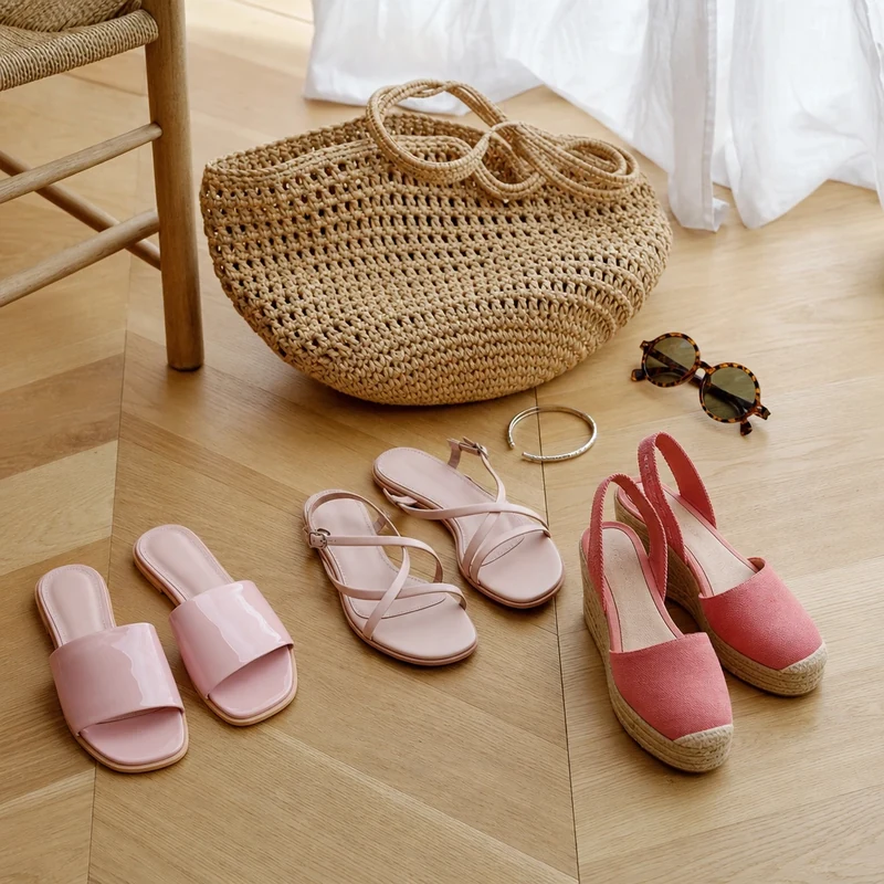 Trois paires de chaussures roses et accessoires posés sur parquet