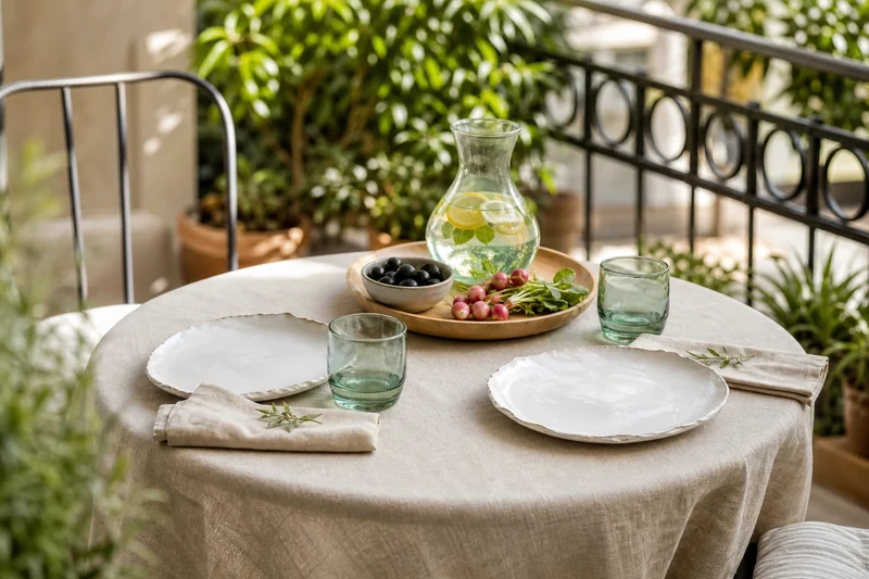 Mini table de balcon dressée façon salon avec nappe lin, vaisselle céramique et verres recyclés