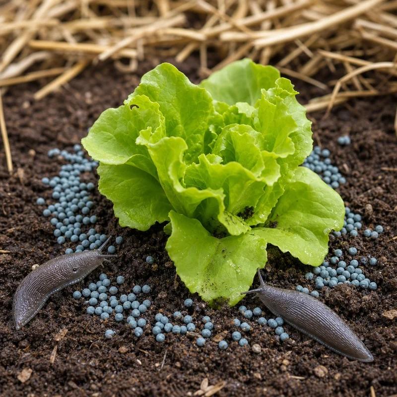 Granulés au phosphate ferrique dispersés autour d'un plant de salade contre les limaces