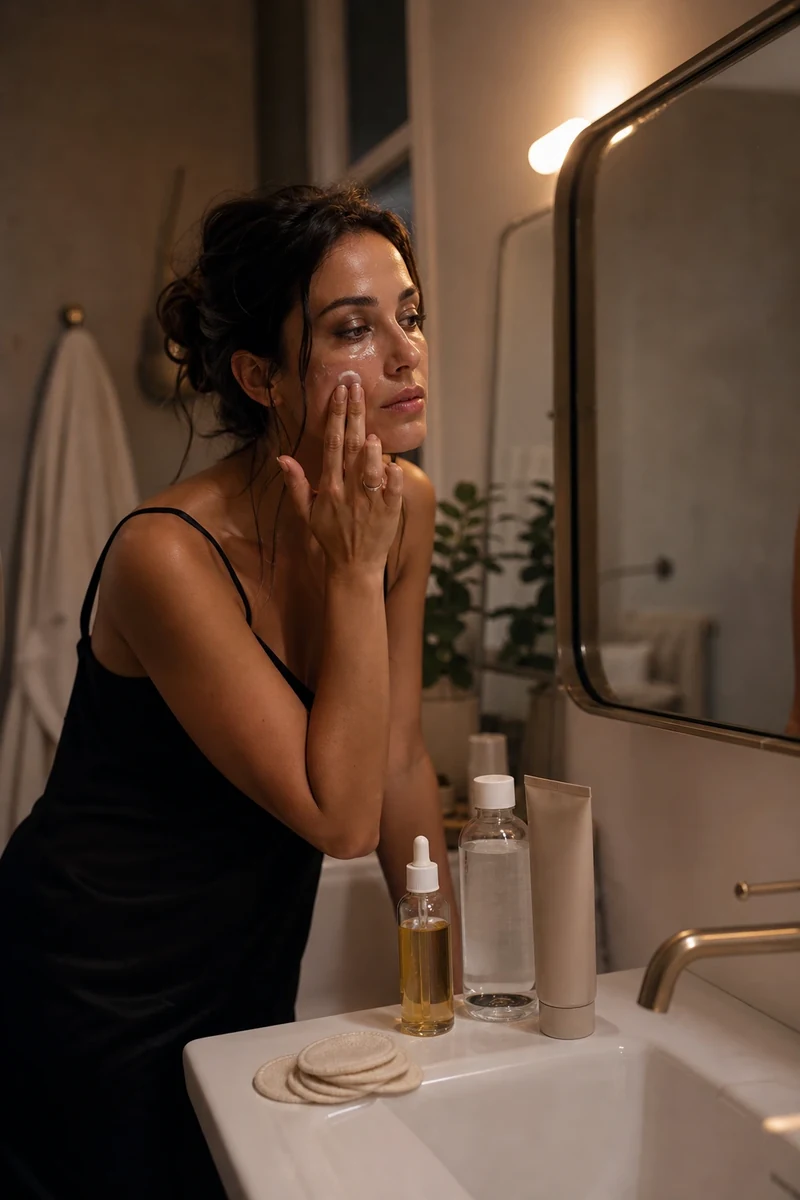 Démaquillage à l'huile dans une salle de bain après une soirée de fête
