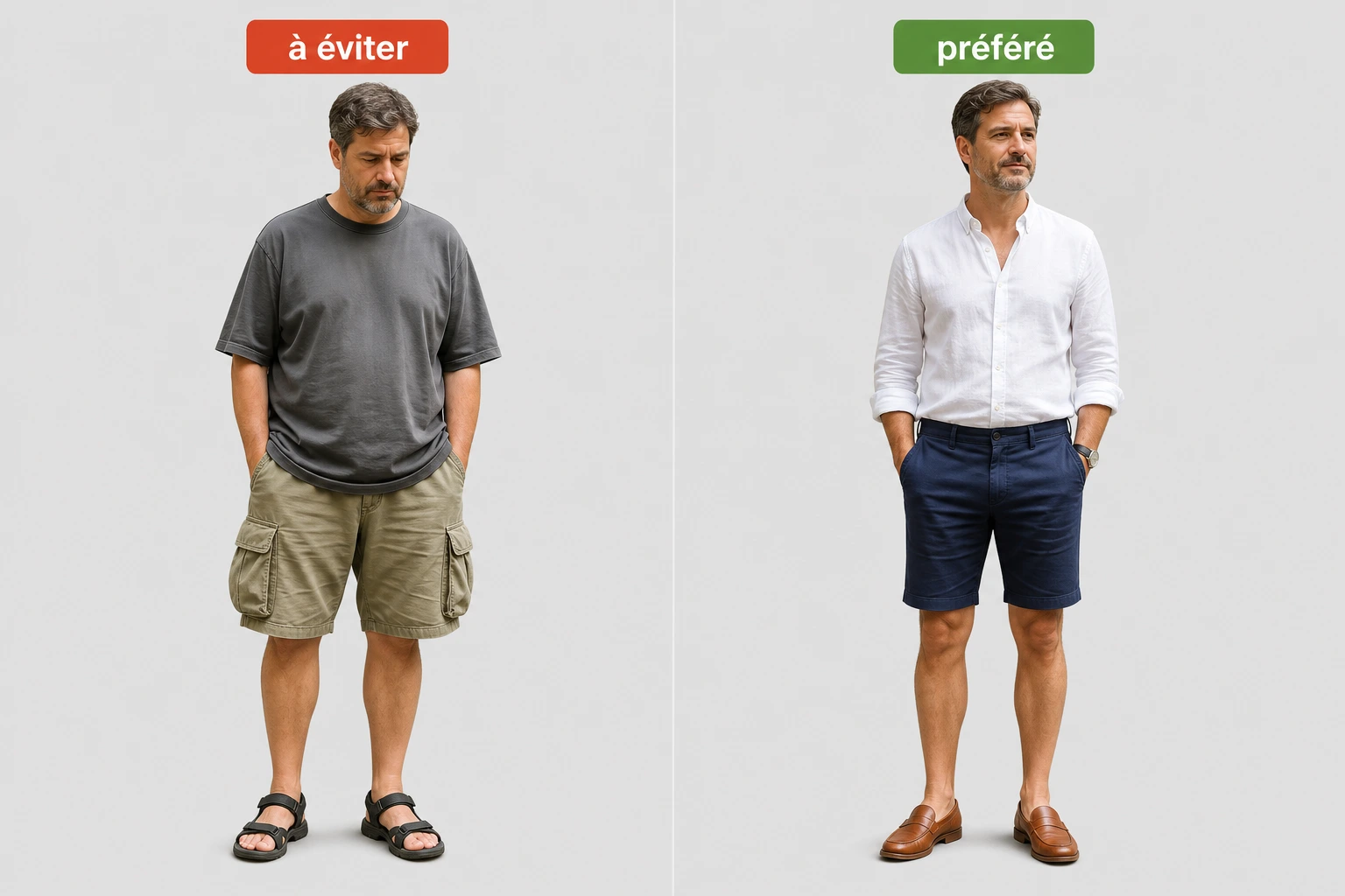 Comparaison entre un look bermuda cargo à éviter et un look bermuda chino préféré après 40 ans