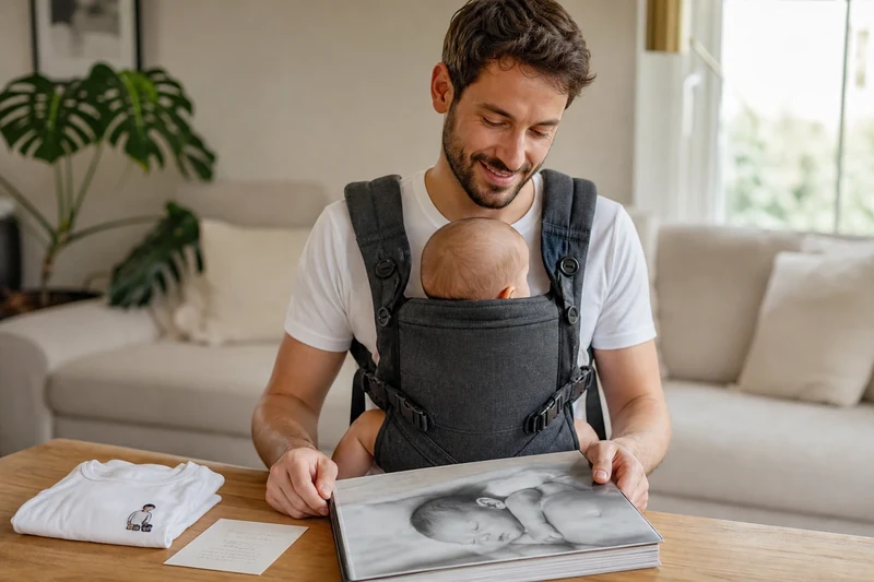 Jeune papa avec bébé en porte-bébé feuilletant un livre photo cadeau de première fête des pères