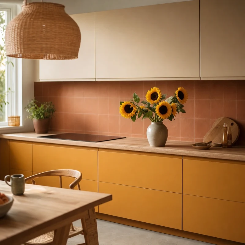 Cuisine ocre jaune-orangé avec meubles hauts beige et plan de travail bois clair