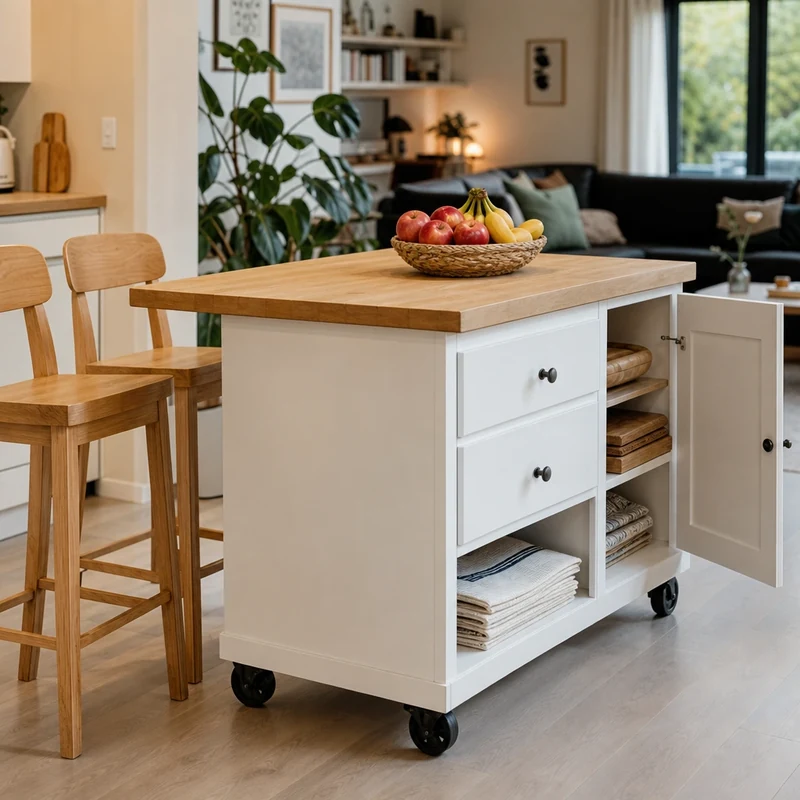 Îlot cuisine compact mobile sur roulettes avec rangement et tabourets