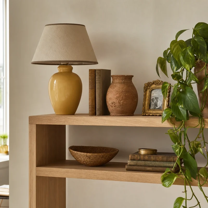 Étagère déco mêlant objets chinés et touches jaune beurre