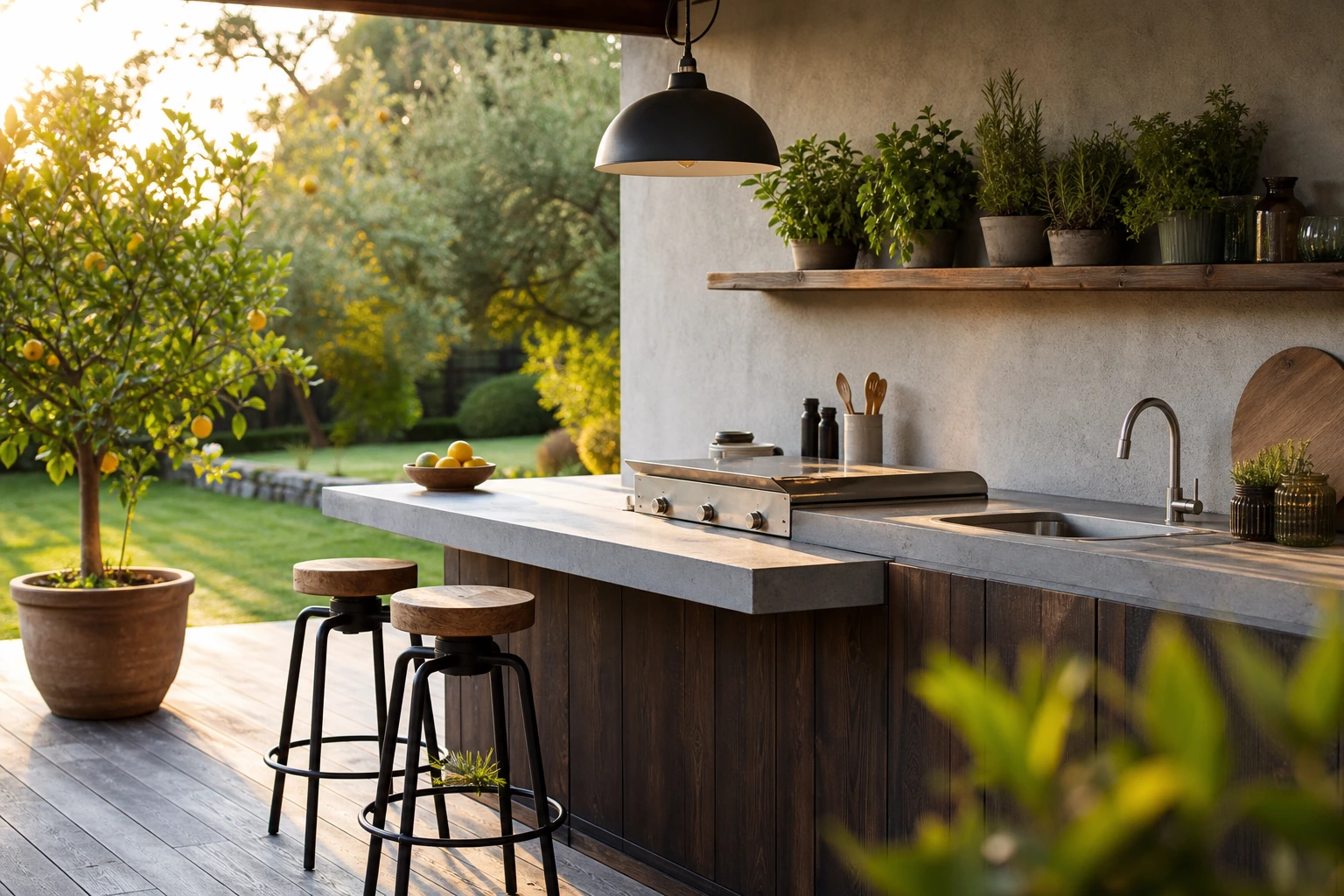 Cuisine d'été extérieure intégrée avec plancha inox, plan de travail pierre, aromatiques et citronnier en pot