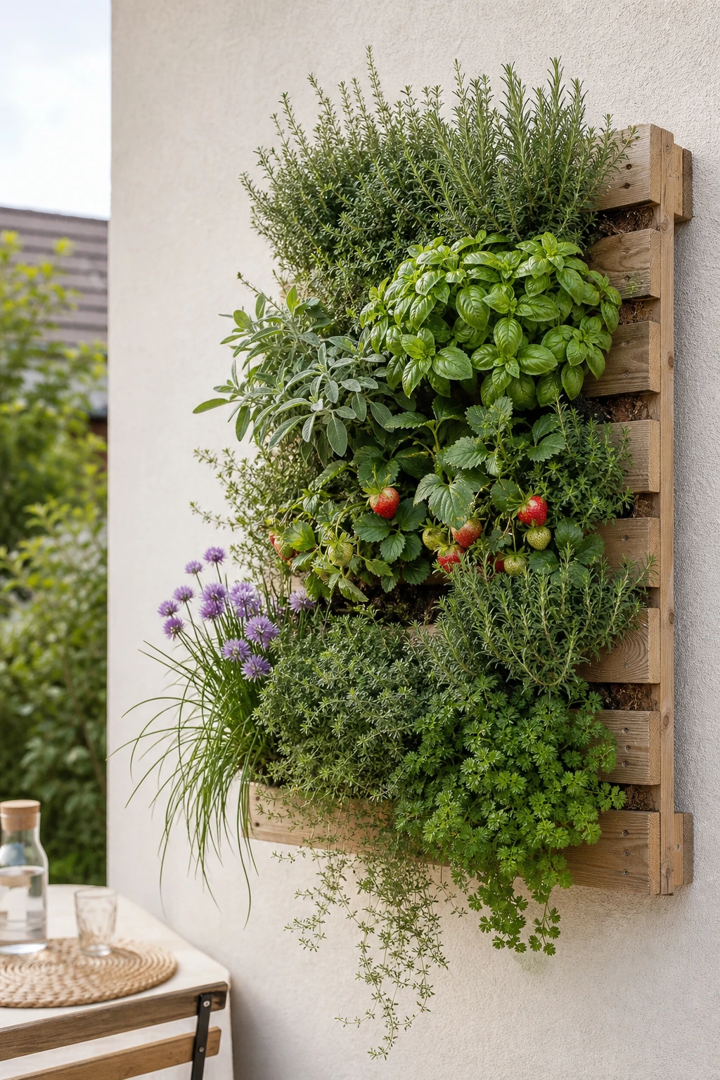 Mur végétal en palette EUR-EPAL garnie de sphaigne du Chili et d'aromatiques mixtes