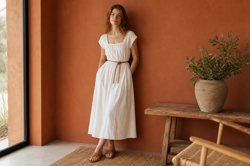 Robe longue Cloud Dancer en coton fluide devant un mur terracotta