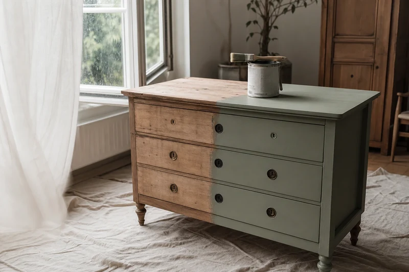 Commode en cours de relooking peinture en vert sauge avec peinture A+ et fenêtre ouverte pour aérer