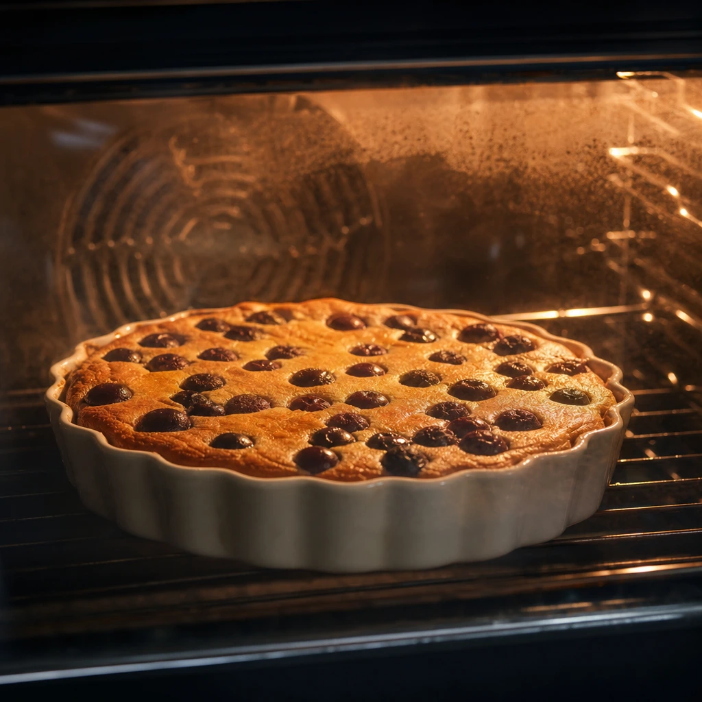 Clafoutis aux cerises en cours de cuisson dans le four à 180 °C