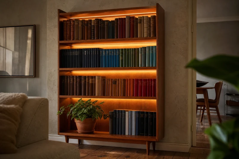 Bibliothèque vintage en teck équipée d'un ruban LED chaud en sous-face d'étagère