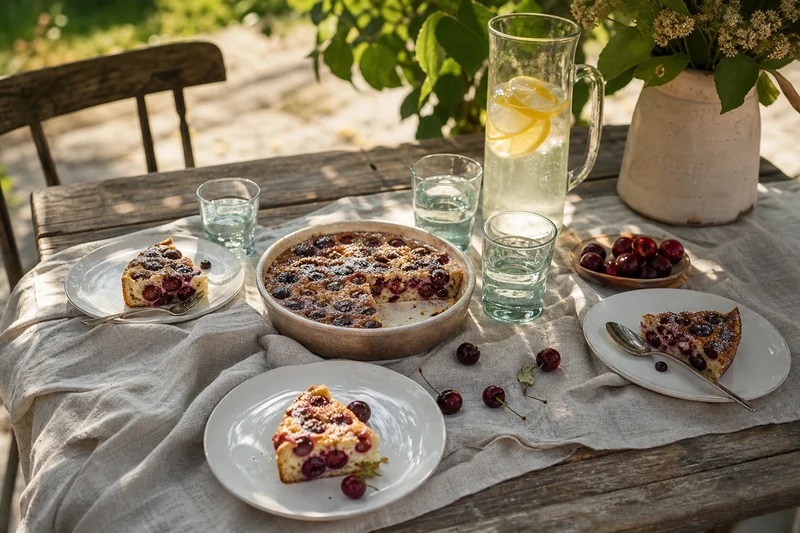 Clafoutis aux cerises servi sur une table de jardin pour un déjeuner d'été