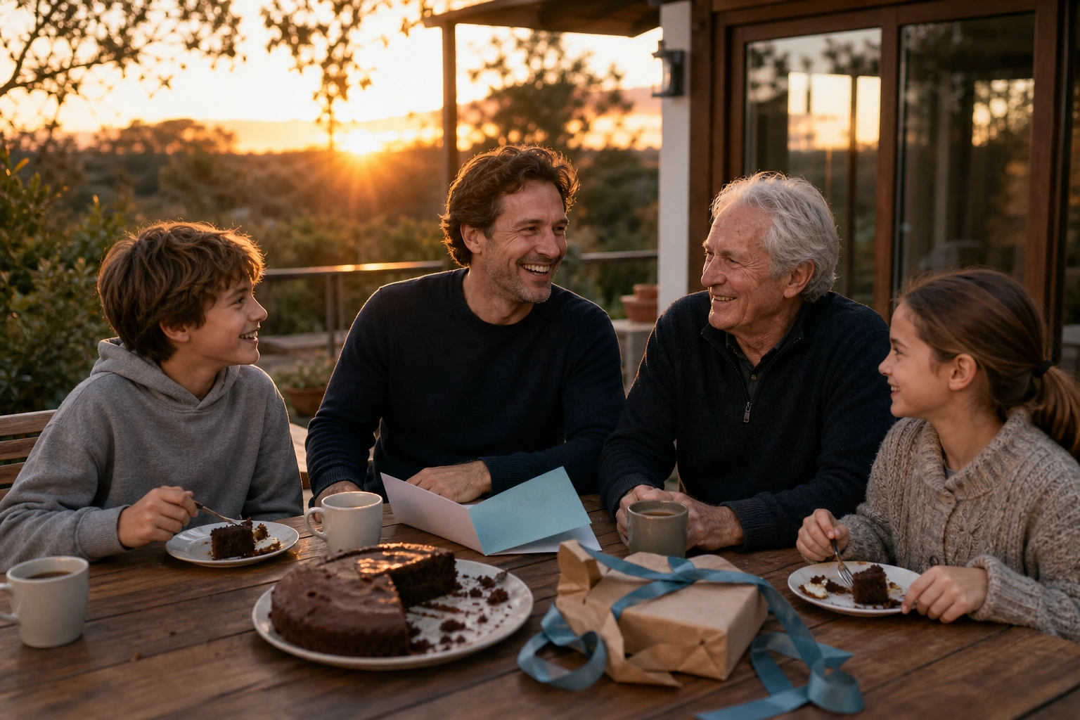 Fin de journée de fête des pères en famille sur une terrasse, gâteau au chocolat partagé et cadeau ouvert