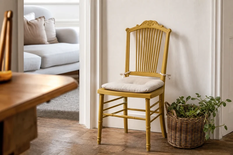 Chaise en bois relookée en peinture jaune moutarde mate, posée devant un mur clair