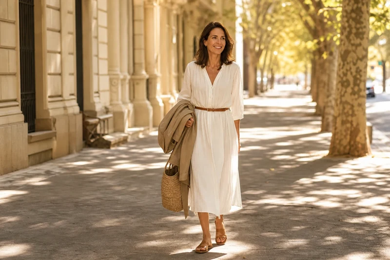 Même tenue, fin de journée chaude : trench plié sur le bras, robe fluide et sandales camel