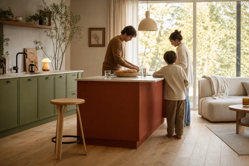 Cuisine ouverte bicolore vert olive et terracotta avec famille installant le repas