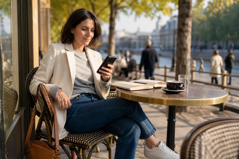 Femme en streetwear chic blazer écru sweat gris assise à une terrasse parisienne en bord de Seine