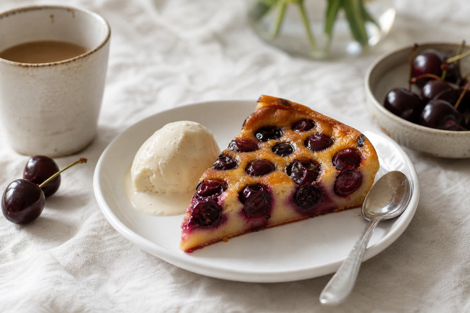 Part de clafoutis aux cerises tiède accompagnée d'une quenelle de glace vanille