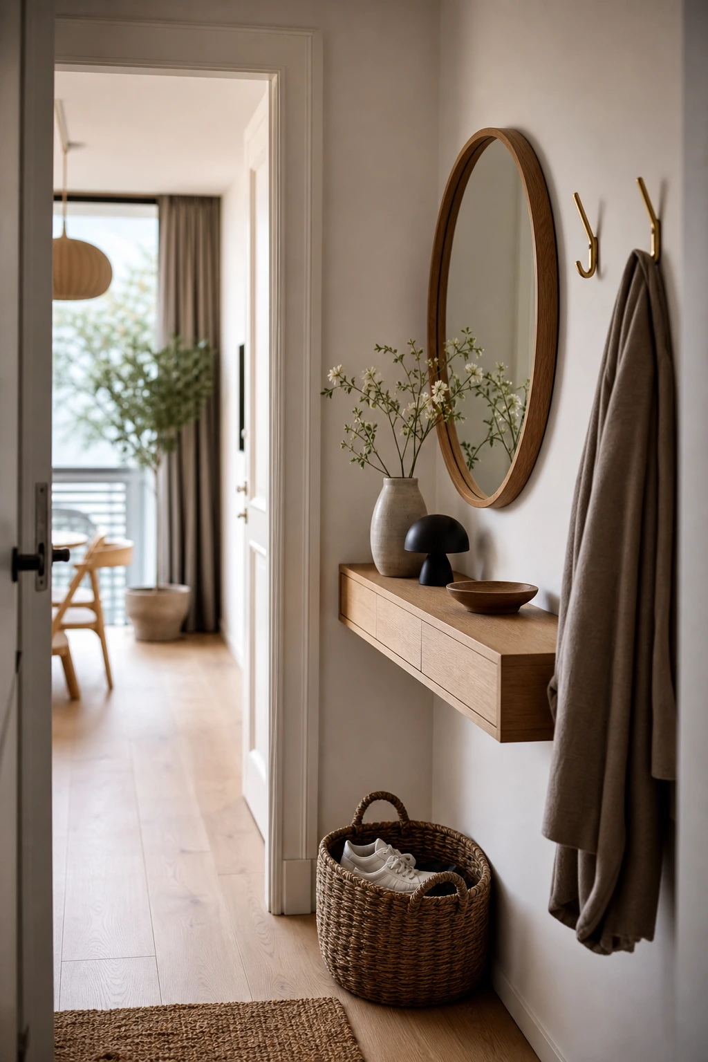 Console étroite peu profonde dans une entrée d'appartement exiguë