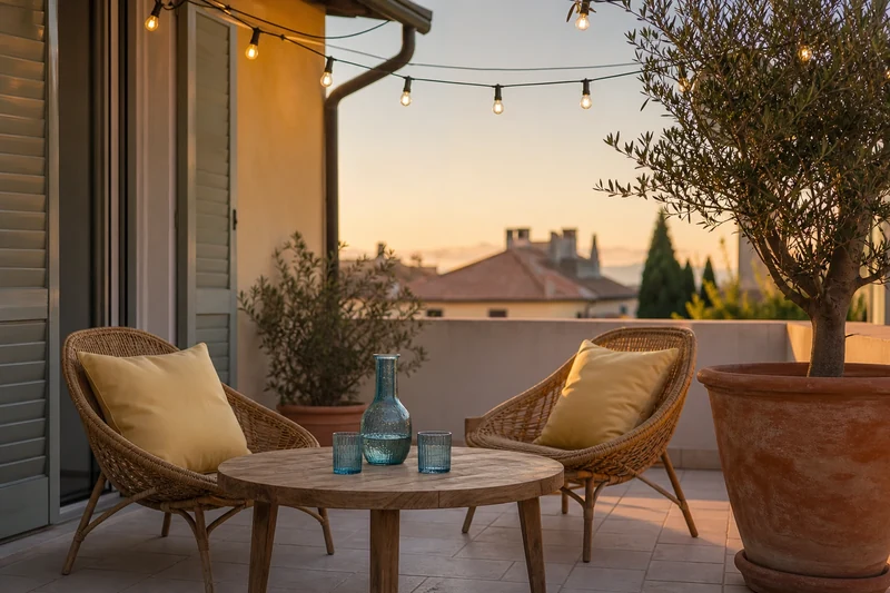 Terrasse française avec mobilier bas, coussins jaune beurre et olivier en pot terracotta
