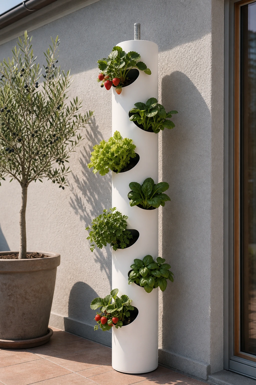Colonne PVC à irrigation intégrée plantée de fraisiers, salades et aromatiques en spirale