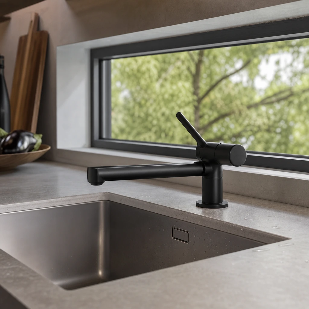 Mitigeur de cuisine rabattable noir mat replié sous une fenêtre