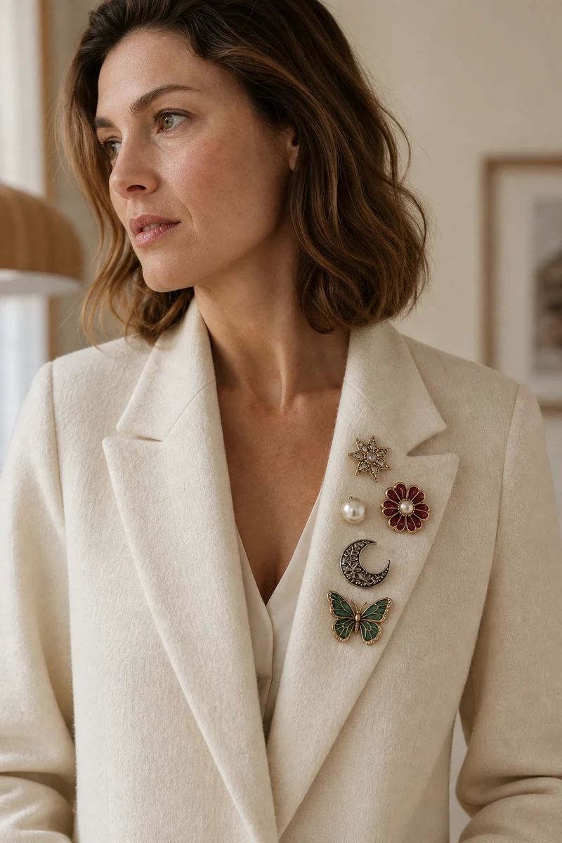 Manteau écru avec accumulation de cinq broches statement sur le revers