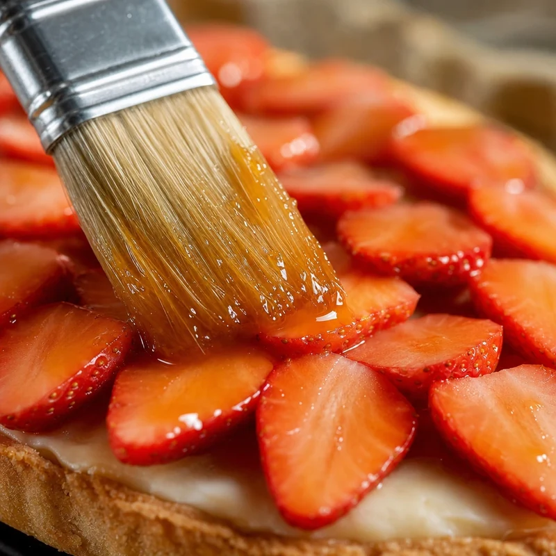 Application du nappage brillant à la confiture d'abricot au pinceau sur les fraises