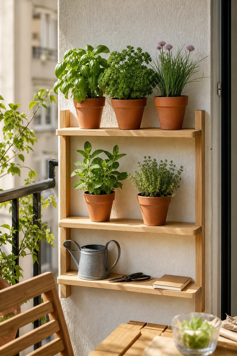 Étagère murale d'aromatiques sur balcon : basilic, persil, ciboulette, menthe et thym citron