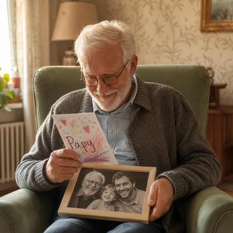 Papy avec cadre photo de famille et carte dessinée par petit-enfant fête des pères