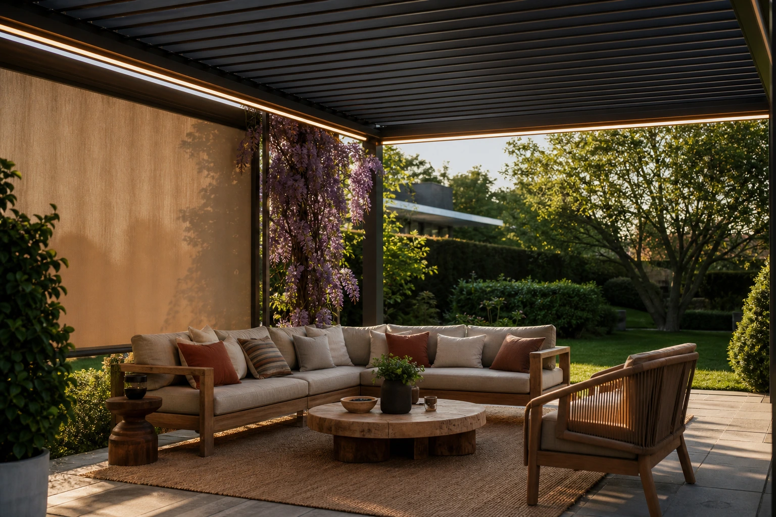 Pergola bioclimatique anthracite à lames orientables avec glycine, salon outdoor en teck et éclairage LED