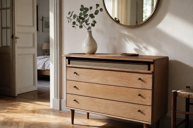 Commode vintage avec enceinte sans fil dissimulée dans le tiroir supérieur, projet smart-upcycling