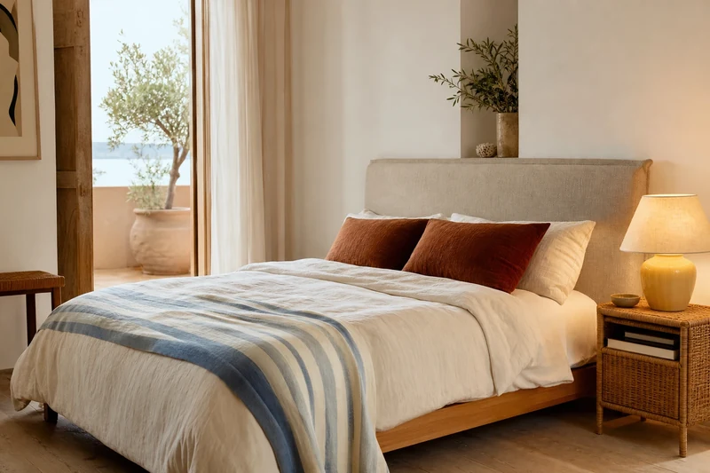 Chambre estivale avec touches bleu azur, terracotta et jaune beurre