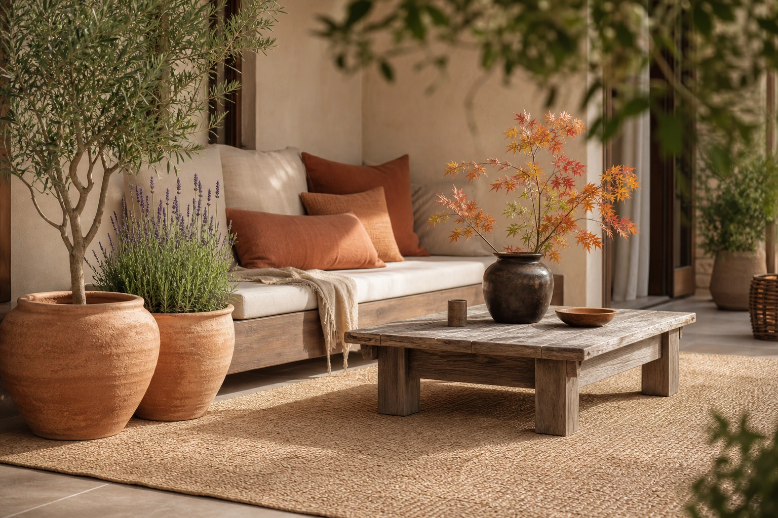 Exemple de mix réussi entre style méditerranéen et wabi-sabi avec olivier, céramique brune et tapis naturel
