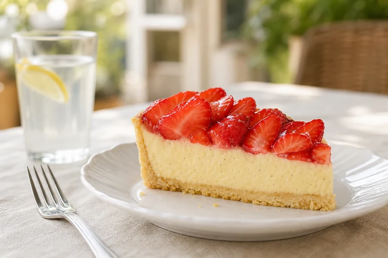 Part de tarte aux fraises maison servie, coupe nette des trois couches