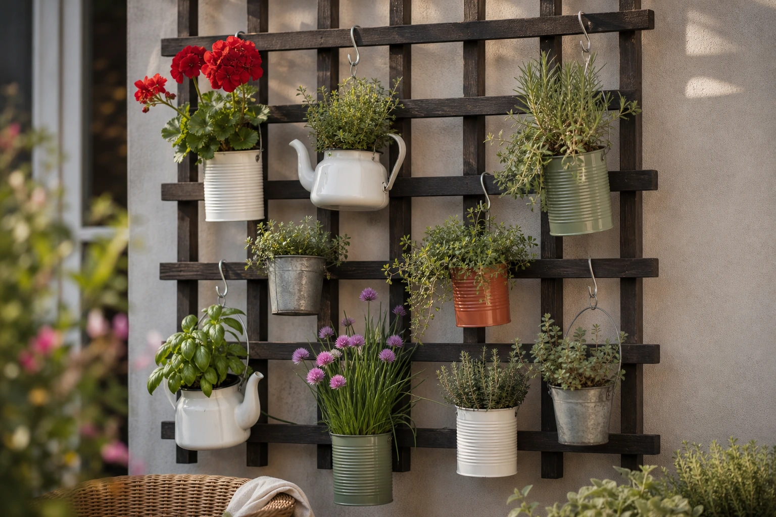 Treillis bois avec dix pots récup' suspendus par crochets S : aromatiques et fleurs