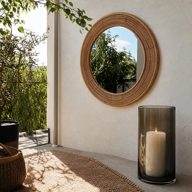 Miroir d'extérieur rotin et photophore XL : touche signature pour agrandir un petit balcon