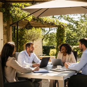 Réunion professionnelle aménagée à l'extérieur d'une maison, sur une terrasse de jardin