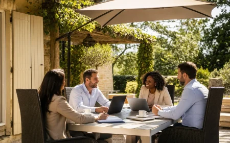 Réunion professionnelle aménagée à l'extérieur d'une maison, sur une terrasse de jardin