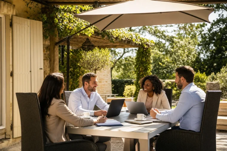 Réunion professionnelle aménagée à l'extérieur d'une maison, sur une terrasse de jardin
